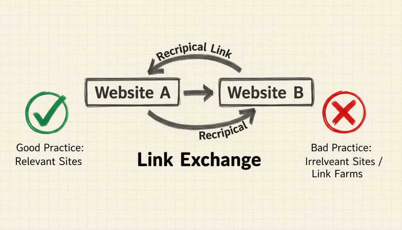 Diagramma disegnato a mano che mostra il collegamento reciproco tra due siti web con simboli di spunta e X ad indicare buone e cattive pratiche