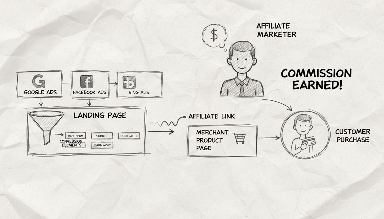 Diagramma del flusso del marketing PPC affiliato che mostra il percorso dal marketer tramite piattaforme PPC verso landing page e acquisti del cliente