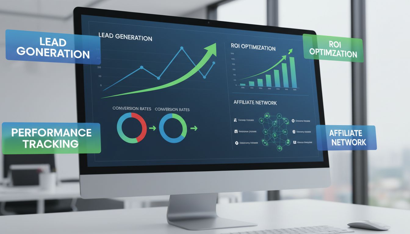 Dashboard di marketing di affiliazione B2B che mostra metriche di generazione lead, tassi di conversione e monitoraggio delle performance ROI