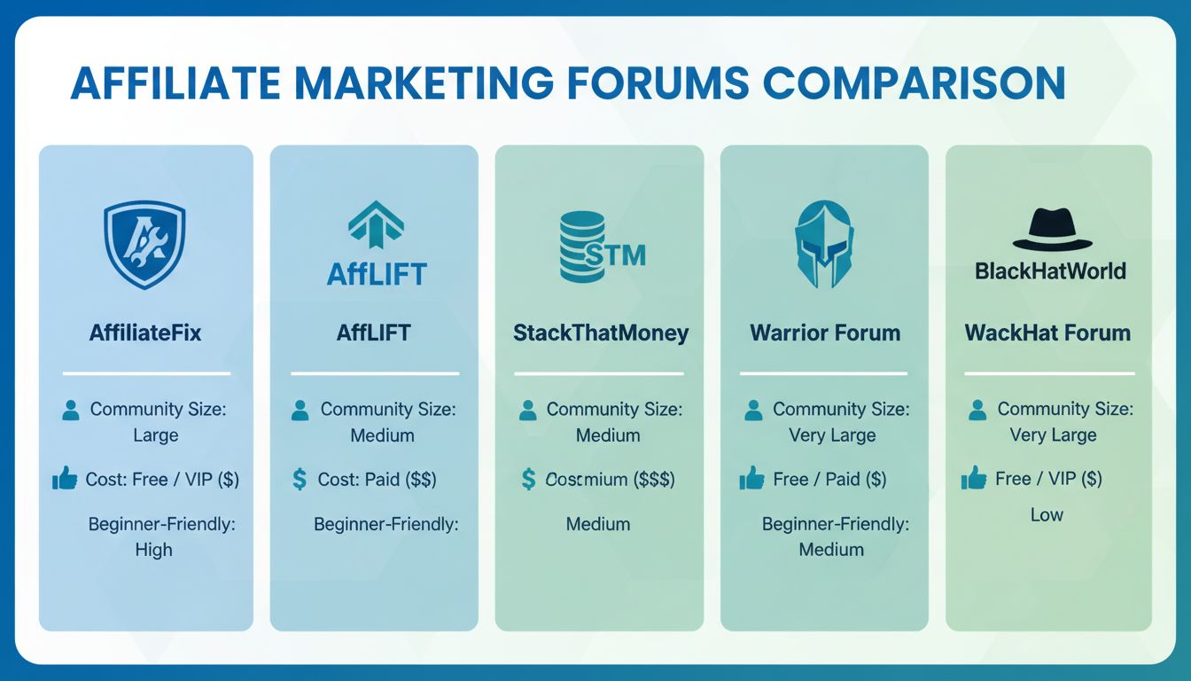 Confronto tra i migliori forum di affiliate marketing che mostra AffiliateFix, AffLIFT, StackThatMoney, Warrior Forum e BlackHatWorld con le loro caratteristiche principali e prezzi