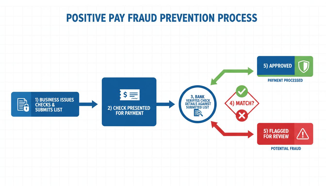 Diagramma del processo di prevenzione frodi Positive Pay che mostra le fasi di verifica dell'assegno dall'emissione all'approvazione o al rifiuto
