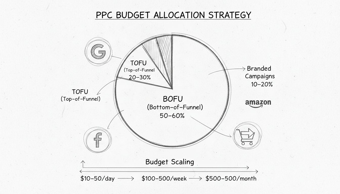 Strategia di allocazione del budget PPC: grafico a torta con TOFU 20-30%, BOFU 50-60% e campagne brandizzate 10-20%, con progressione di scaling del budget