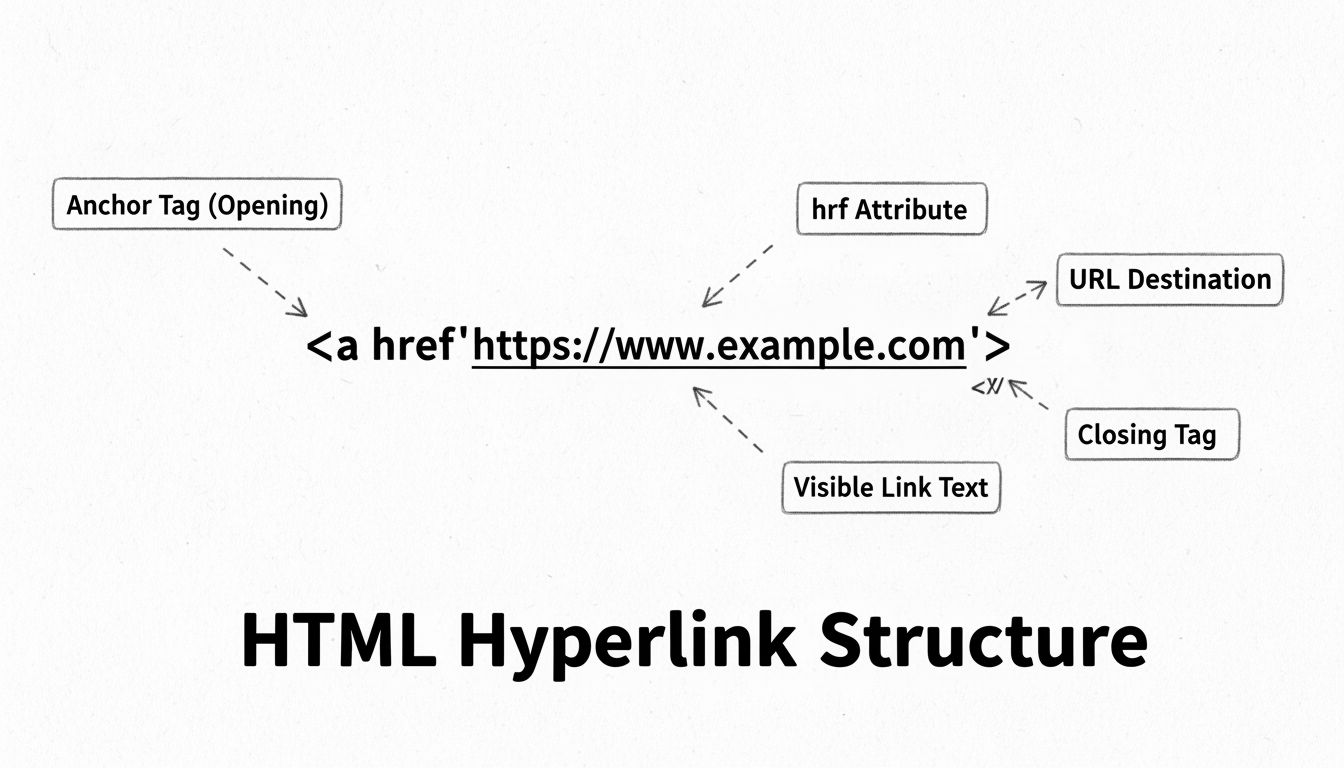 Diagramma della struttura di un collegamento ipertestuale HTML che mostra i componenti del tag ancora