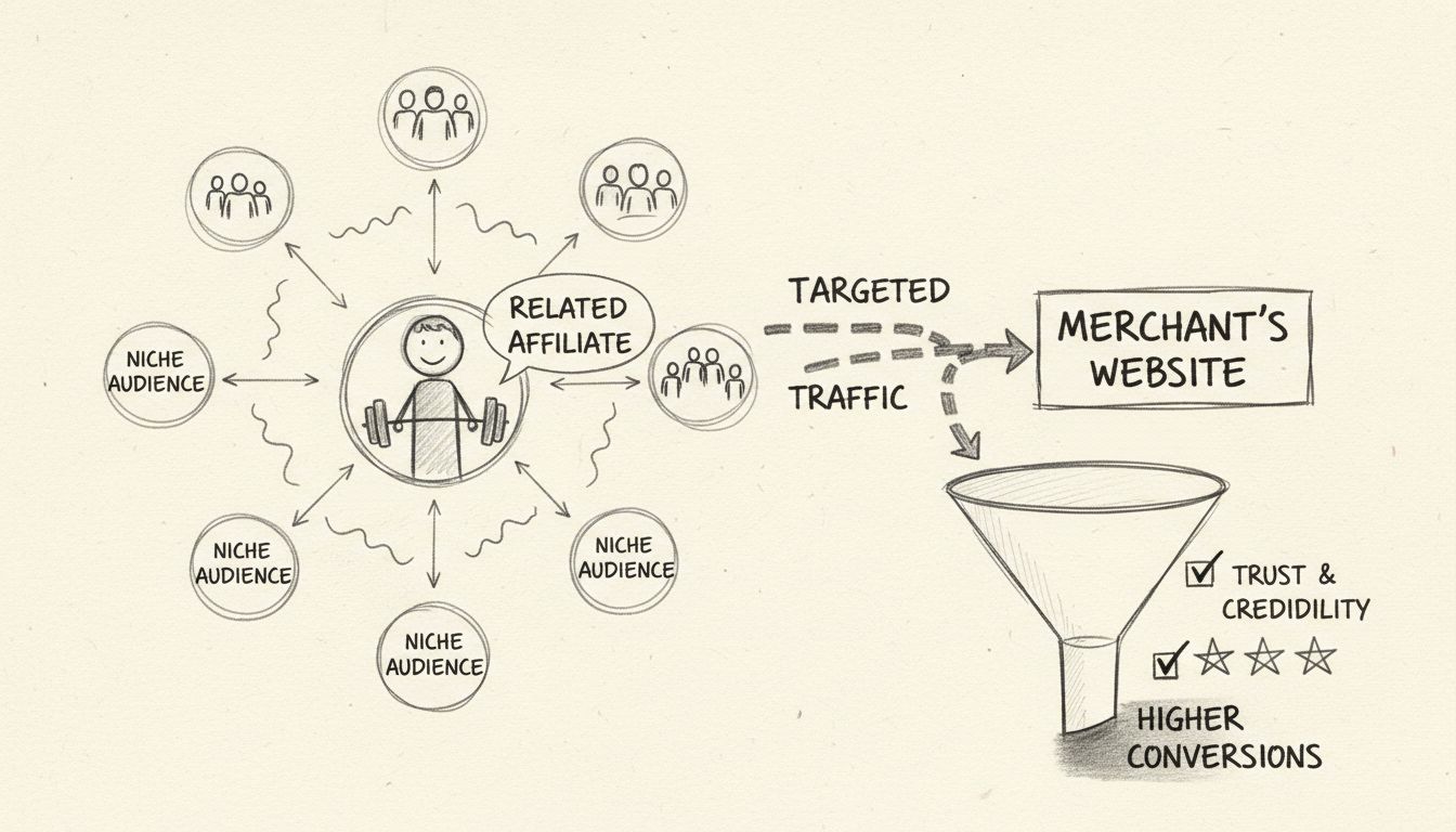Schema disegnato a mano che mostra come gli affiliati correlati generano traffico mirato attraverso il pubblico di nicchia verso i siti dei merchant, con tassi di conversione più alti e indicatori di fiducia