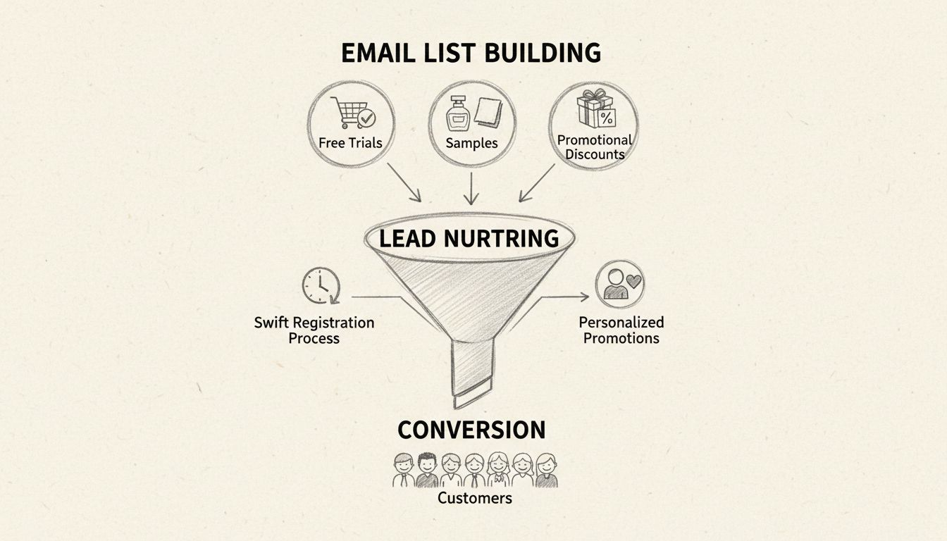 Strategia funnel di generazione lead per brand di moda che mostra la costruzione della lista email, il nurturing dei lead e le fasi di conversione