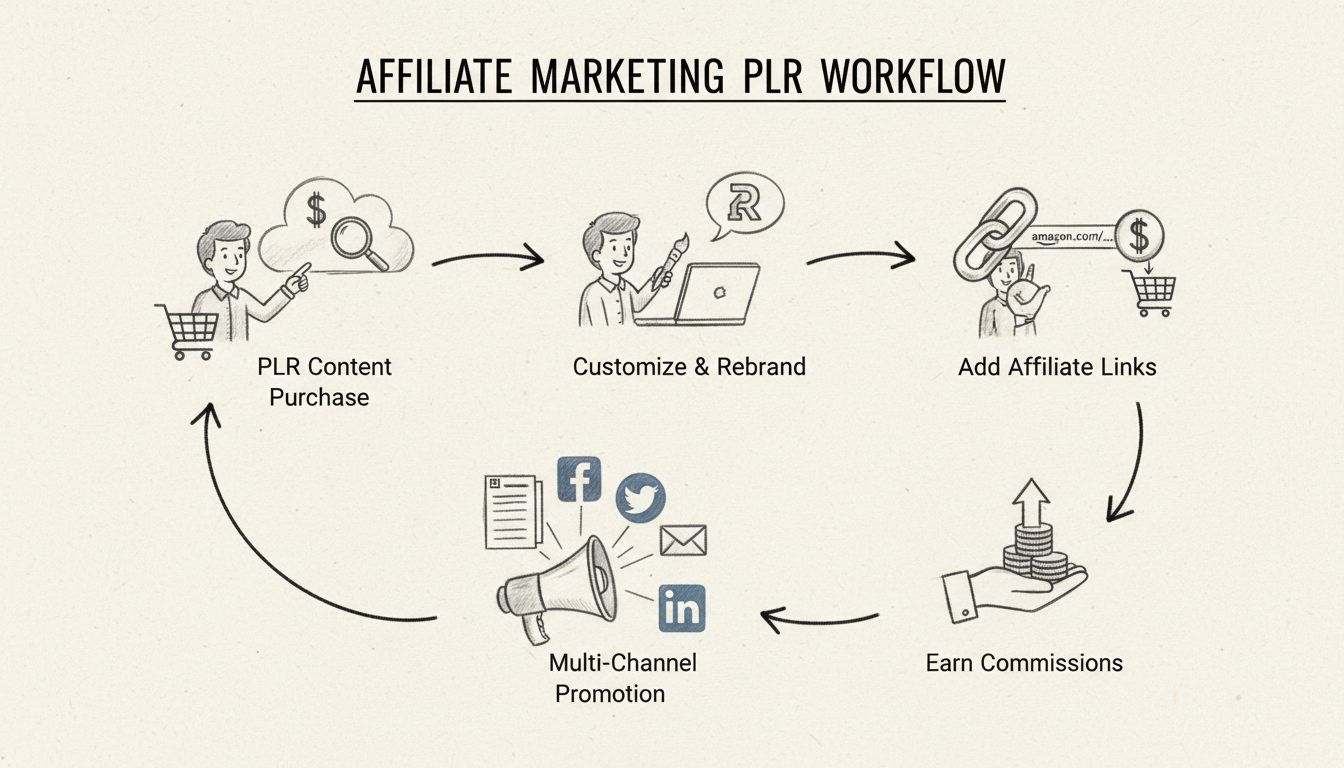 Diagramma fatto a mano che mostra il workflow dei contenuti PLR: acquisto, personalizzazione, inserimento dei link di affiliazione, promozione multicanale e guadagno delle commissioni