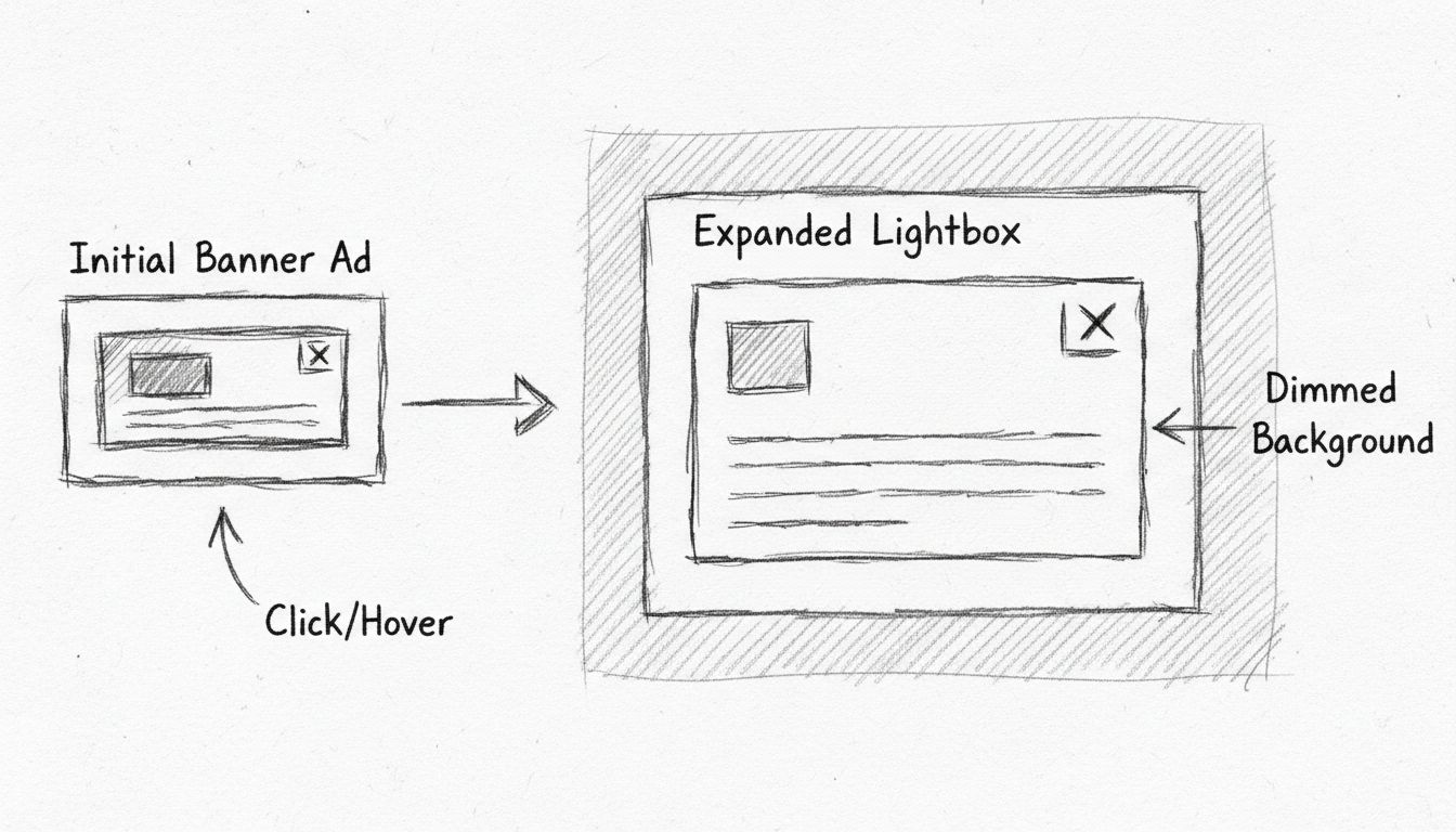 Diagramma disegnato a mano che mostra come i banner lightbox si espandono da un piccolo annuncio iniziale a un overlay a schermo intero con sfondo oscurato