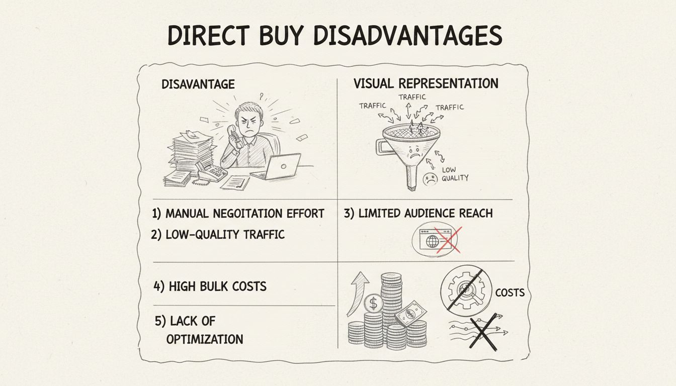 Diagramma disegnato a mano che mostra i cinque principali svantaggi degli acquisti diretti: sforzo manuale di negoziazione, traffico di bassa qualità, portata limitata dell'audience, alti costi in grandi volumi e mancanza di ottimizzazione