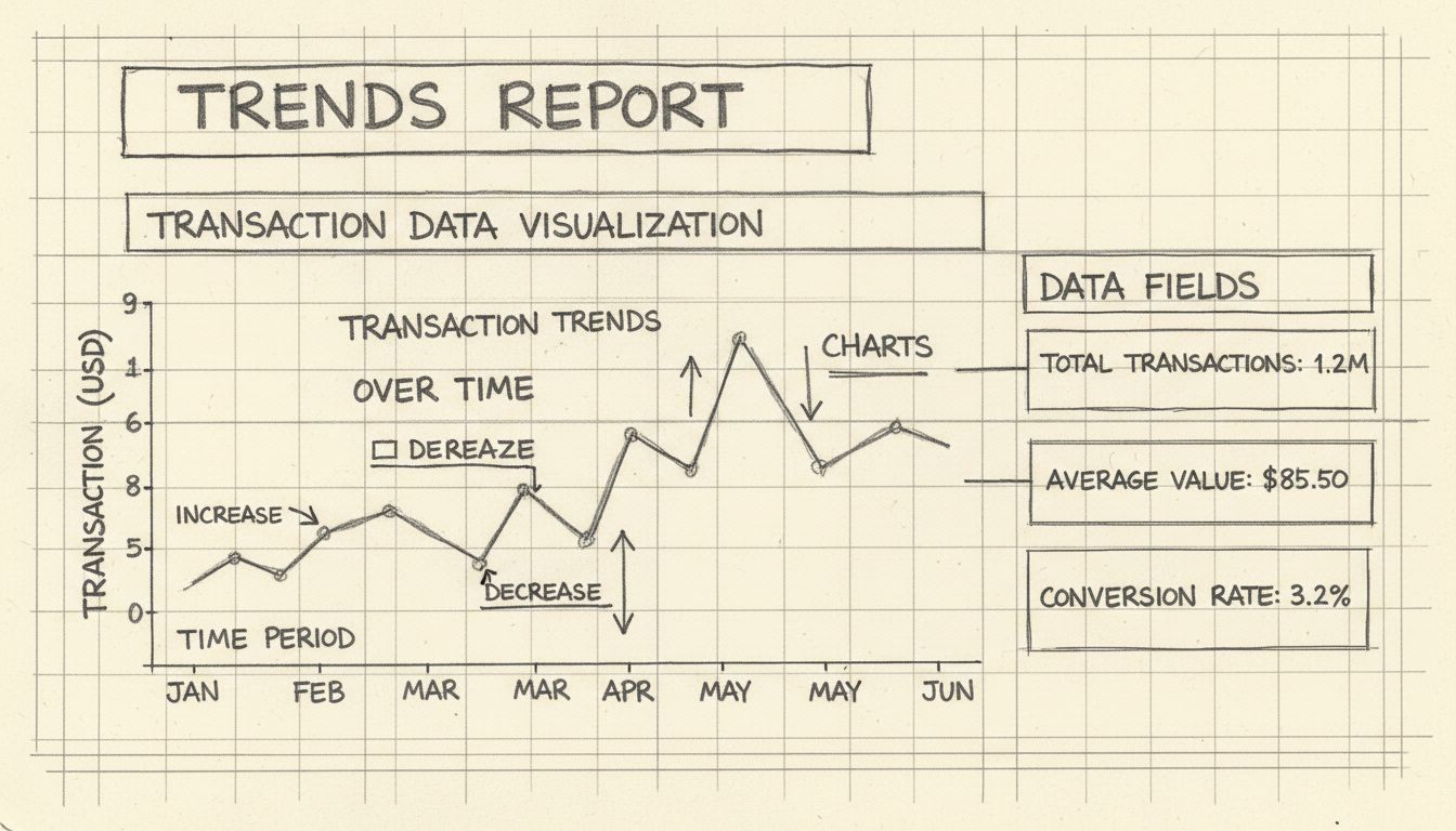 Dashboard del report sulle tendenze che mostra la visualizzazione dei dati delle transazioni con grafici a linee e campi dati