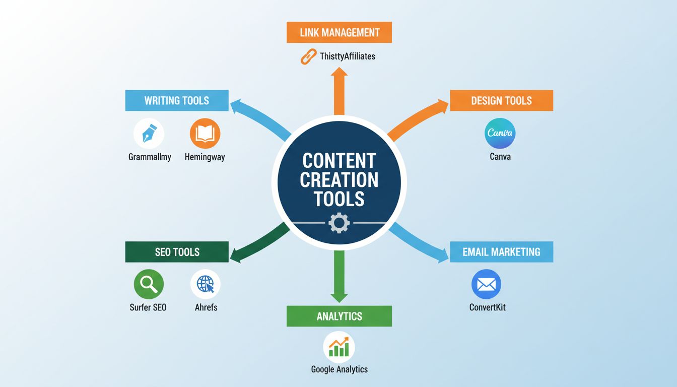 Infografica sull'ecosistema degli strumenti per la creazione di contenuti di affiliate marketing, che mostra scrittura, SEO, design, email marketing, analytics e gestione dei link