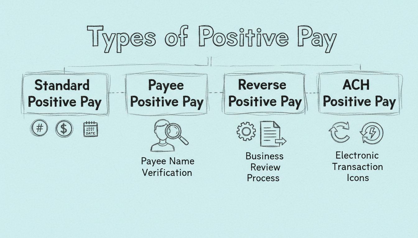 Diagramma disegnato a mano che mostra i quattro tipi di sistemi Positive Pay con riquadri per Standard, Payee, Reverse e ACH Positive Pay