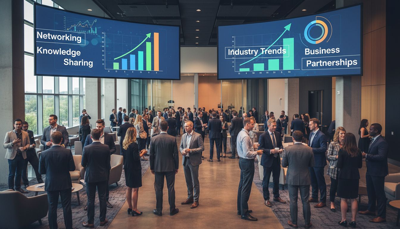 Conferenza di marketing professionale con professionisti che fanno networking e discutono strategie e trend di settore