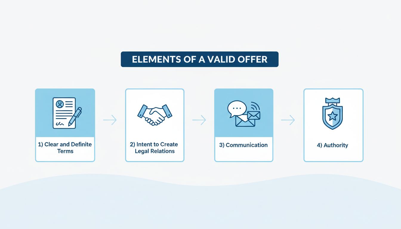 Elementi di un'offerta valida nel diritto contrattuale che mostrano termini chiari, intenzione, comunicazione e autorità