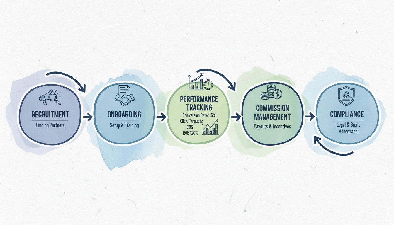 Flusso di lavoro della gestione di un programma di affiliazione che mostra reclutamento, onboarding, monitoraggio delle prestazioni, gestione delle commissioni e fasi di conformità