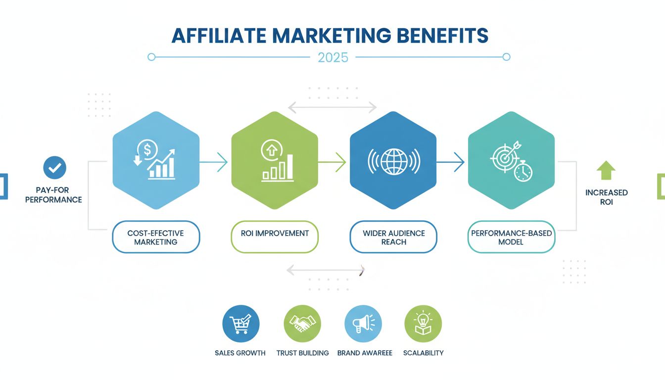 Vantaggi del marketing di affiliazione: infografica che mostra marketing economico, miglioramento del ROI, copertura più ampia e modello basato sulle performance