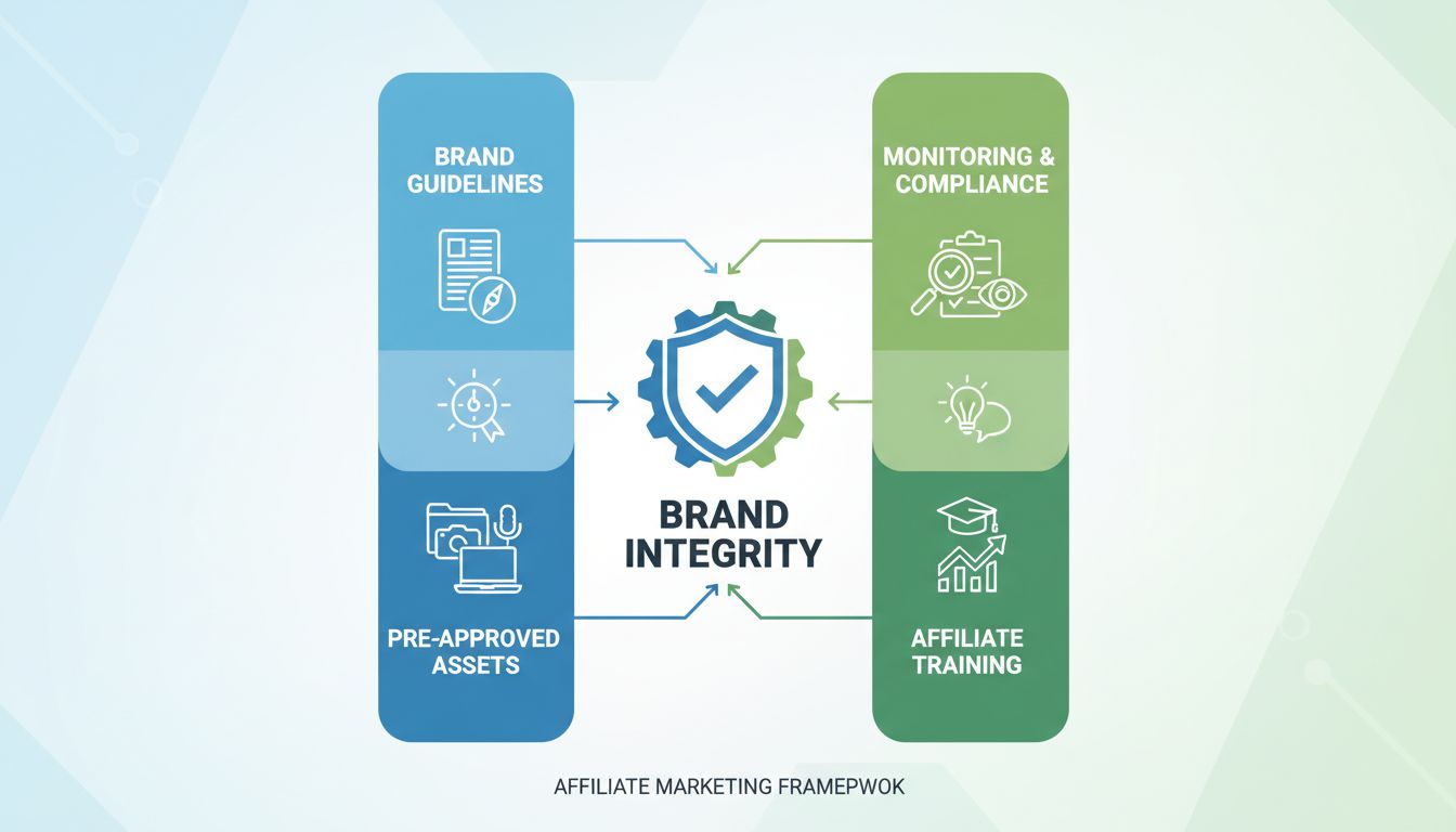 Framework per l'integrità del brand nel marketing di affiliazione che mostra uno scudo centrale con quattro pilastri: Linee guida del brand, Monitoraggio & Conformità, Risorse pre-approvate e Formazione affiliati