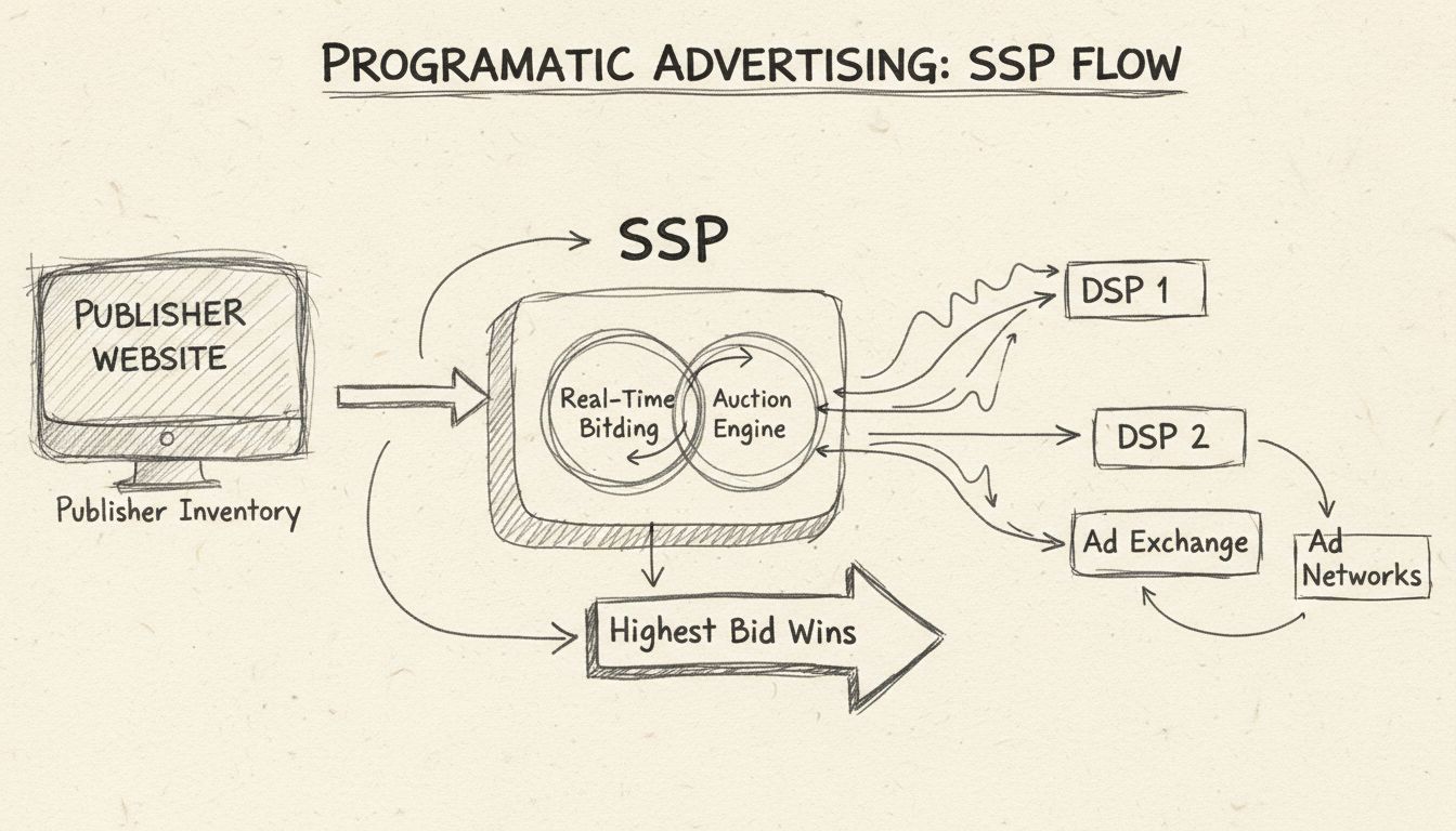 Diagramma disegnato a mano che mostra l’architettura SSP con inventario dell’editore, motore di aste in tempo reale e diverse fonti di domanda in competizione per gli spazi pubblicitari