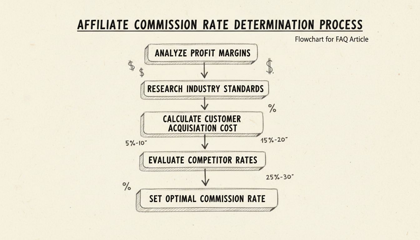 Diagramma di flusso che mostra il processo di determinazione dei tassi di commissione affiliati con i passaggi: Analizza i margini di profitto, Ricerca gli standard di settore, Calcola il costo di acquisizione cliente, Valuta le tariffe dei concorrenti e Imposta il tasso di commissione ottimale