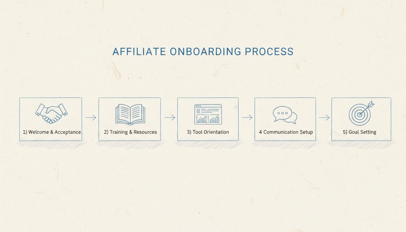 Diagramma del flusso di onboarding degli affiliati che mostra 5 passaggi: Benvenuto & Accettazione, Formazione & Risorse, Orientamento agli Strumenti, Impostazione Comunicazione e Definizione degli Obiettivi