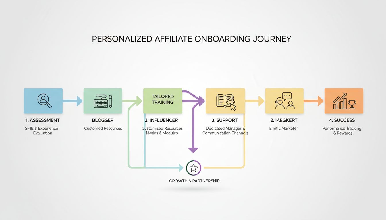 Diagramma del processo di onboarding affiliato personalizzato che mostra valutazione, formazione su misura, supporto e fasi di successo con diversi tipi di affiliati