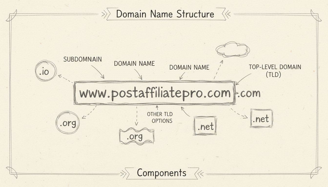 Diagramma della struttura del nome di dominio che mostra sottodominio, nome di dominio e componenti TLD con esempi di diverse opzioni di dominio di primo livello