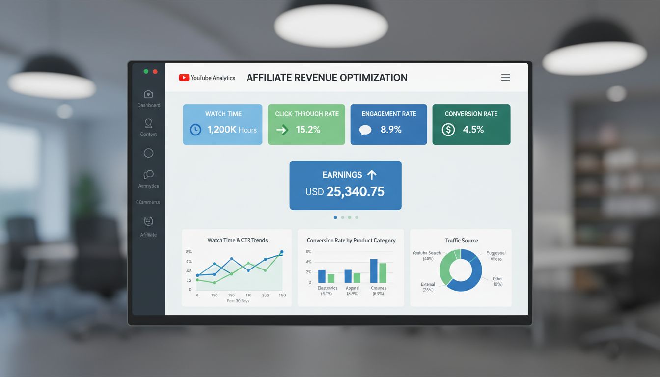 Dashboard di ottimizzazione delle entrate da affiliazione YouTube che mostra metriche analitiche come tempo di visualizzazione, tasso di click, tasso di engagement, tasso di conversione e guadagni con grafici e indicatori di performance