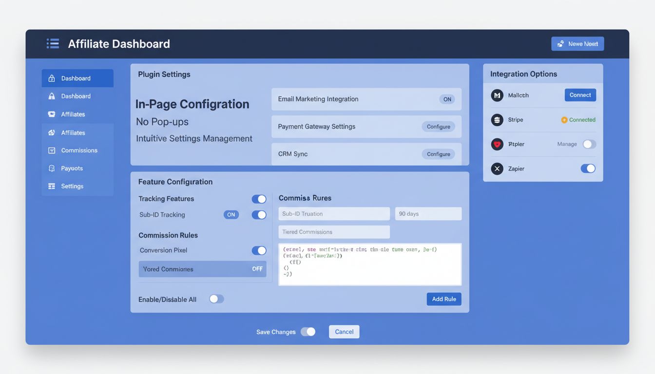 Dashboard moderno di software di affiliazione che mostra la configurazione dei plugin in pagina con interruttori e menu a tendina