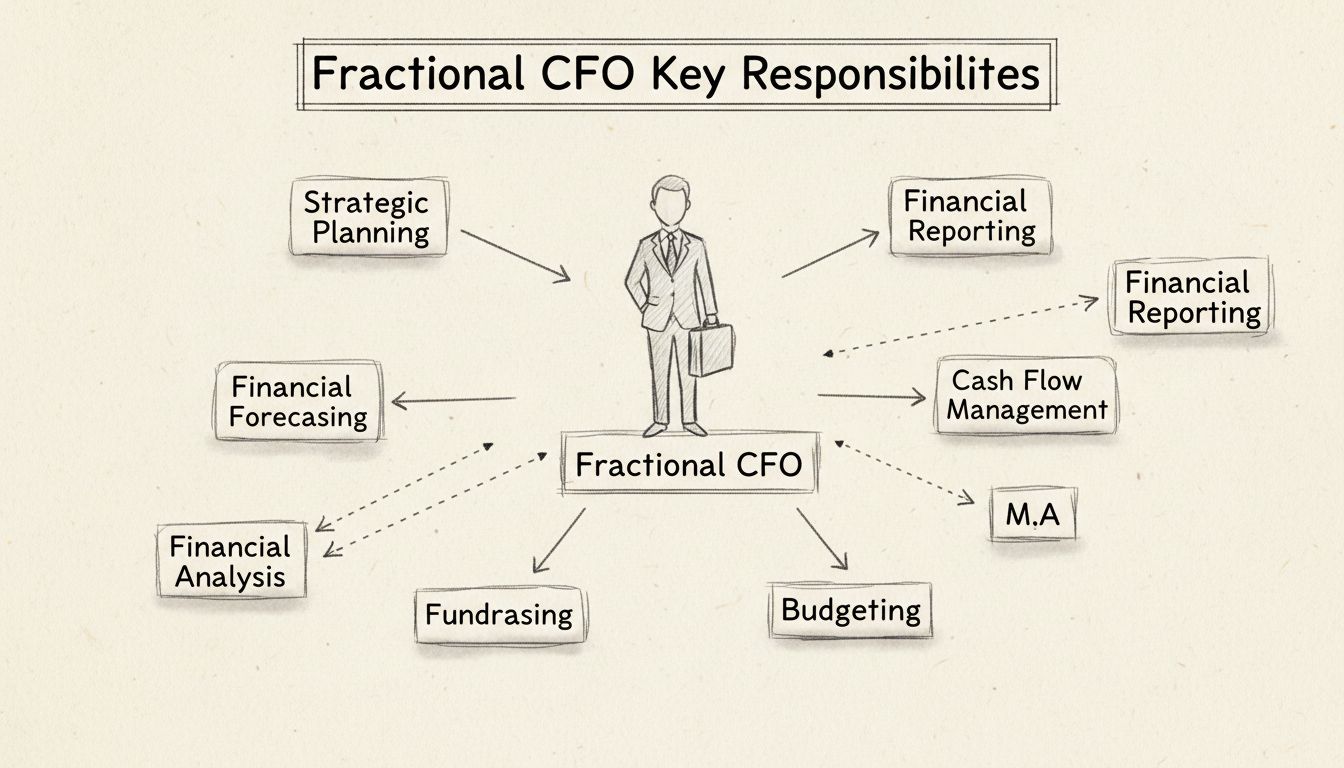 Diagramma disegnato a mano che mostra le responsabilità chiave di un CFO frazionario tra cui pianificazione strategica, previsione finanziaria, gestione del flusso di cassa, budgeting, analisi finanziaria, fundraising, M&A e rendicontazione finanziaria