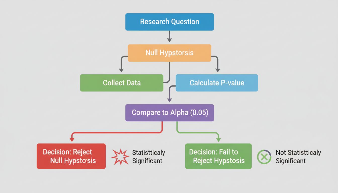 Flusso di lavoro del test delle ipotesi che mostra la domanda di ricerca fino alla raccolta dati e alla decisione finale sulla significatività statistica