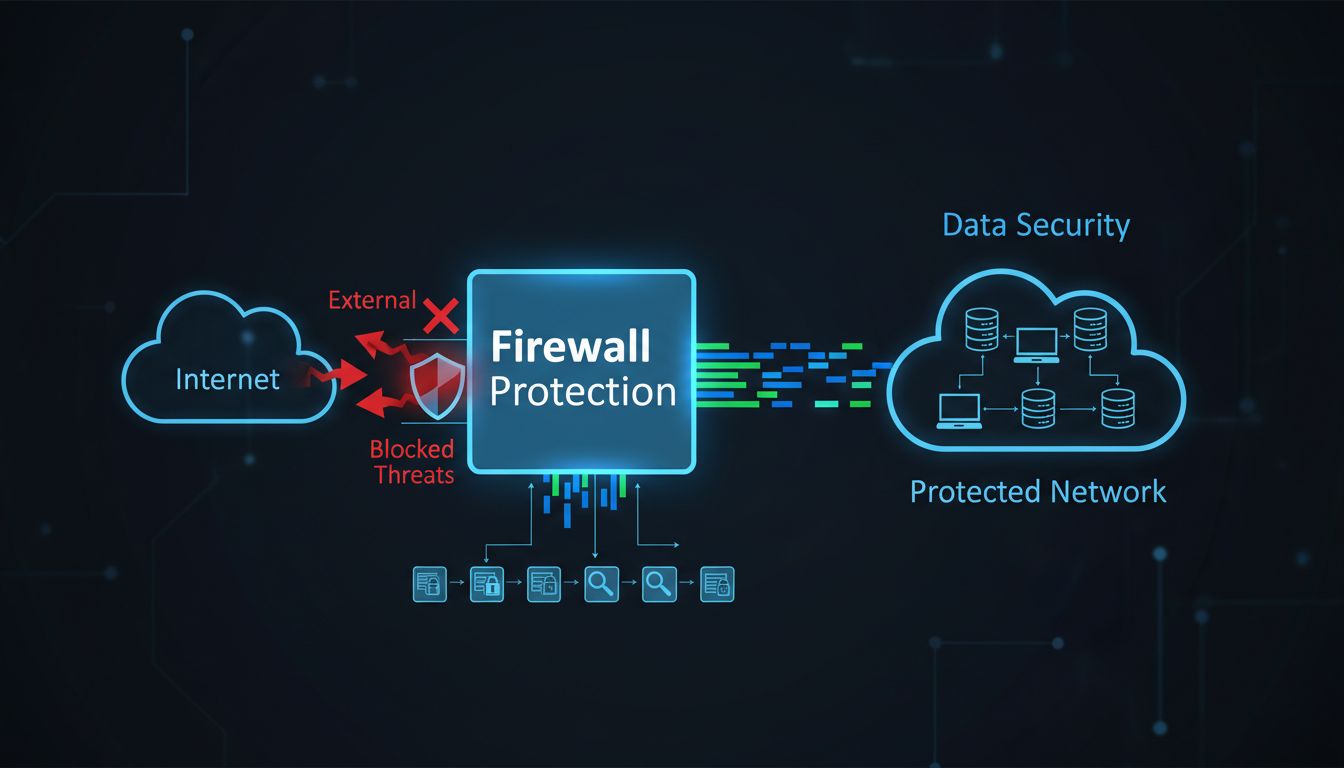 Diagramma architetturale di un firewall che mostra la protezione della rete contro le violazioni dei dati con minacce bloccate e rete interna protetta