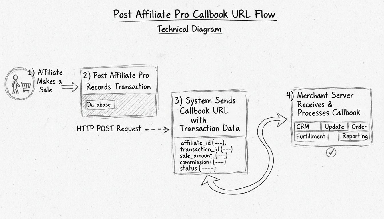 Diagramma di flusso degli URL di callback di Post Affiliate Pro che mostra la sequenza di elaborazione delle transazioni