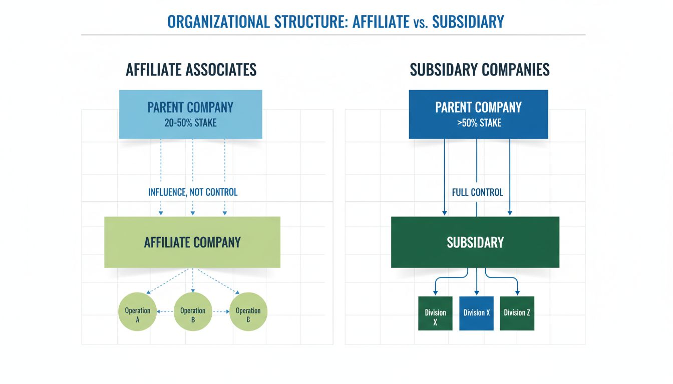 Organigramma che confronta associate affiliate (proprietà 20-50% con linee tratteggiate di influenza) e società controllate (>50% proprietà con linee di controllo solide)