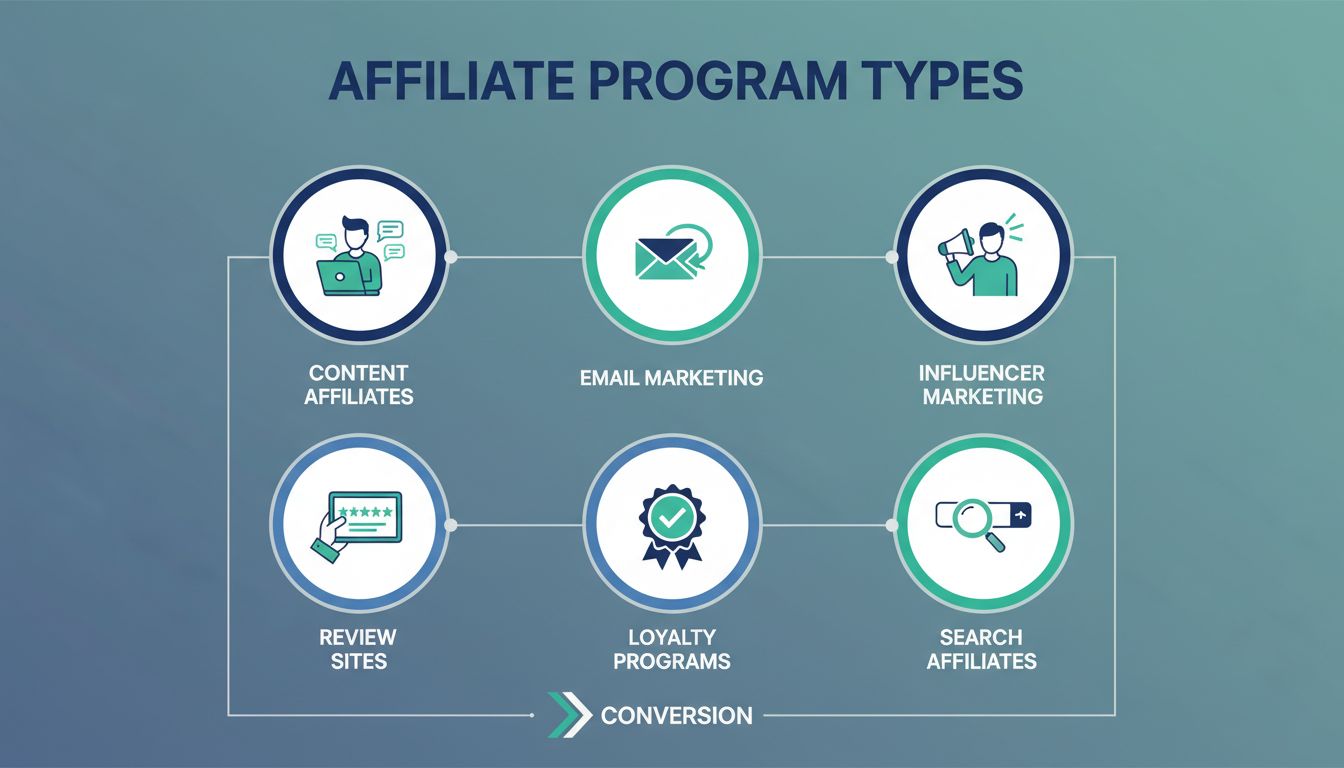 Infografica che mostra diversi tipi di programmi di affiliazione tra cui affiliati di contenuto, email marketing, influencer marketing, siti di recensioni, programmi di fidelizzazione e search affiliate