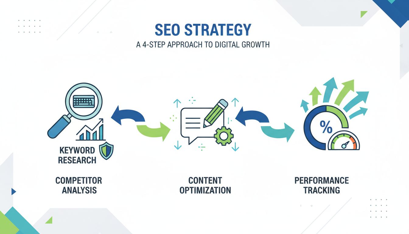 Infografica strategia SEO: ricerca parole chiave, analisi competitor, ottimizzazione contenuti e monitoraggio delle performance