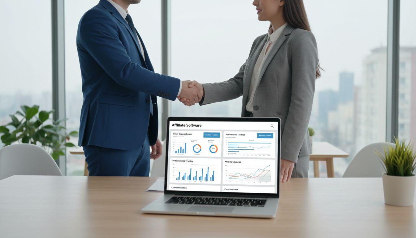 Incontro aziendale professionale tra manager e freelancer di affiliate marketing che discutono la strategia di collaborazione con dashboard analitica visibile