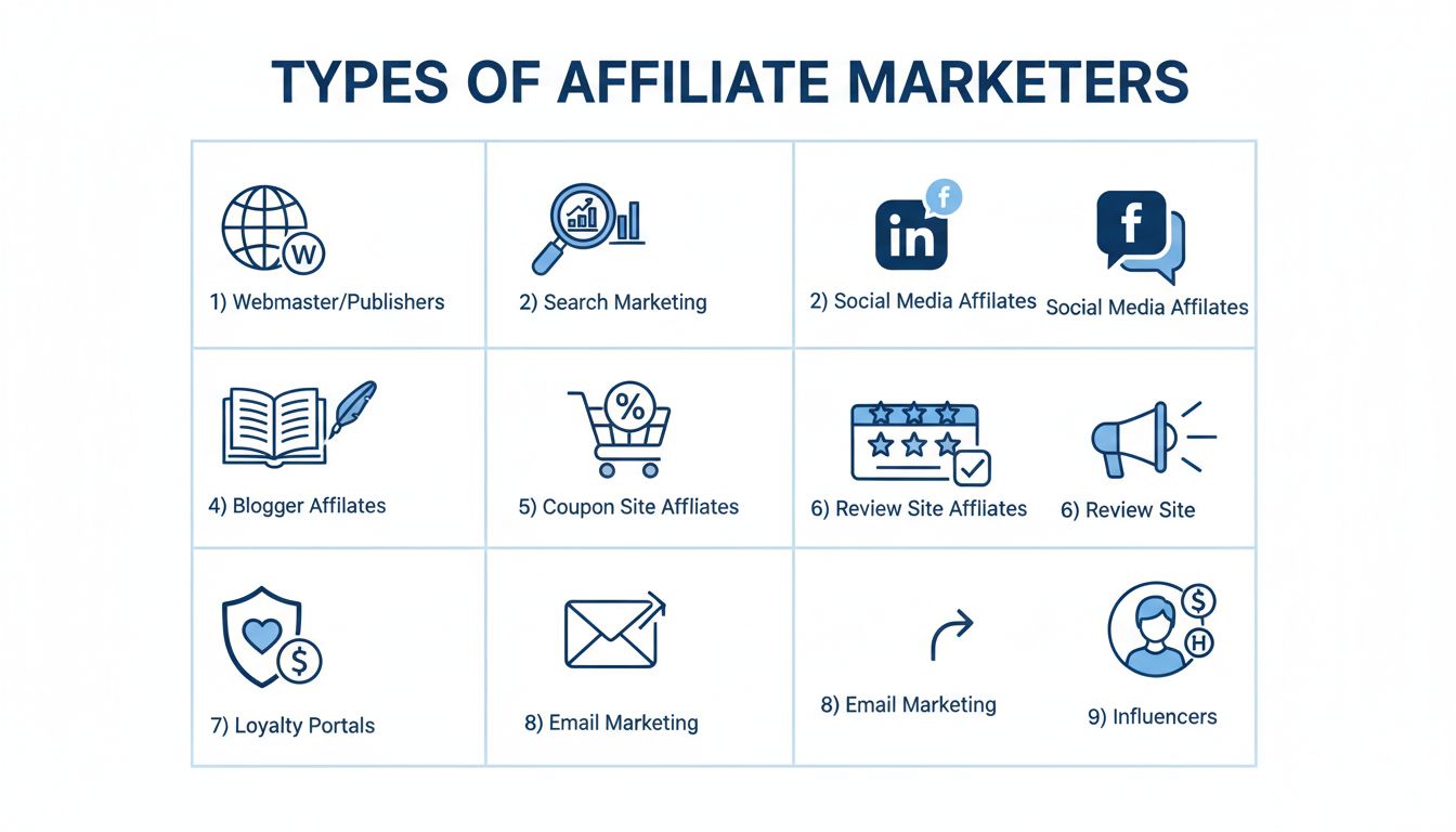 Tipi di affiliati - Webmaster, Search Marketing, Social Media, Blogger, Coupon Site, Review Site, Loyalty Portal, Email Marketing e Influencer