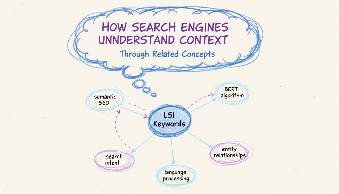Infografica che mostra il concetto di keyword LSI con nodi interconnessi che rappresentano relazioni semantiche tra concetti di ricerca, algoritmo BERT, natural language processing e relazioni tra entità