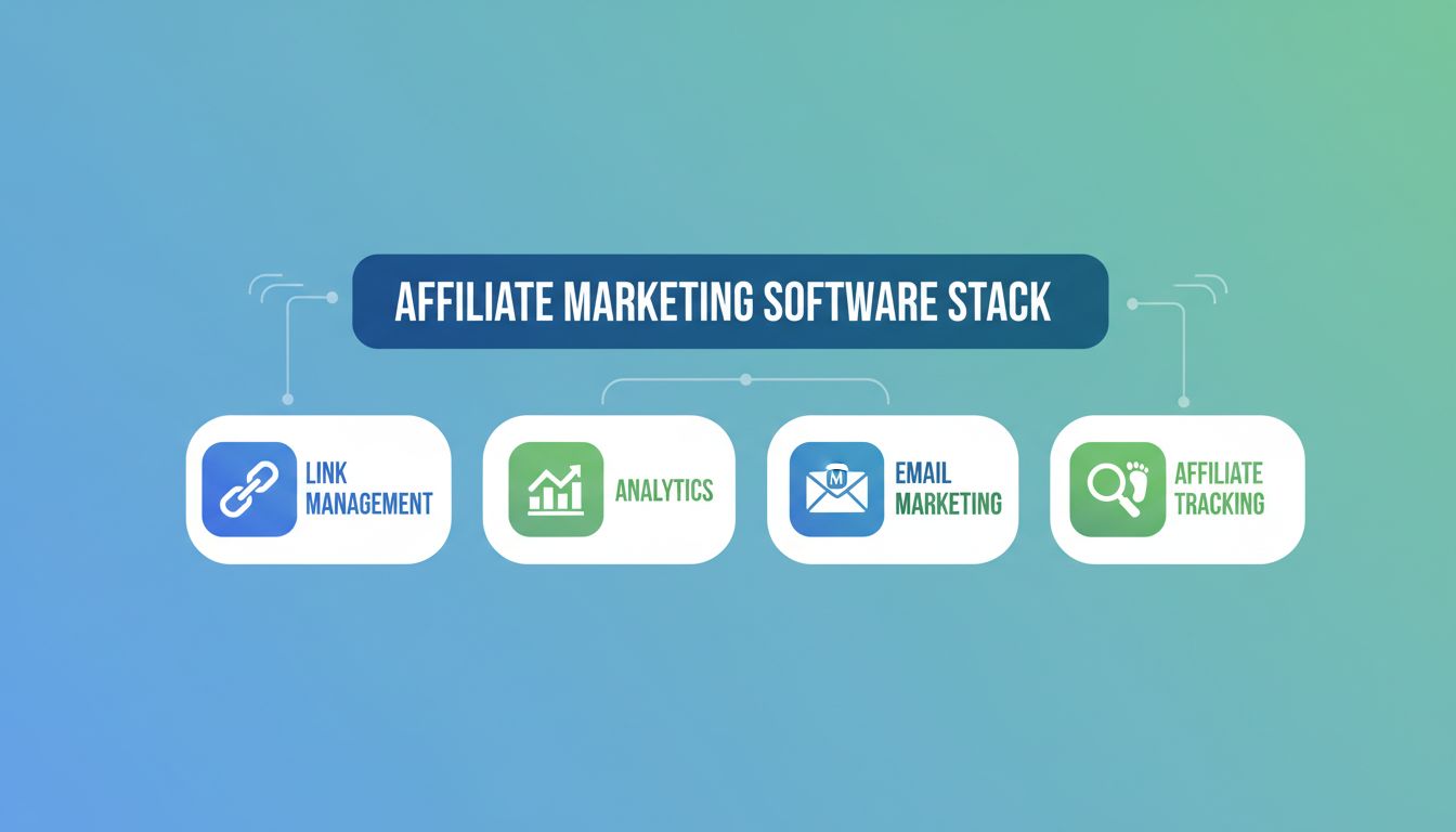 Infografica sullo stack software per il marketing di affiliazione che mostra gestione dei link, analytics, email marketing e strumenti di tracciamento delle affiliazioni