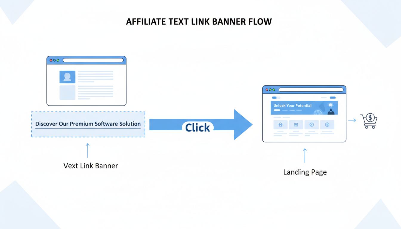 Diagramma del flusso di lavoro di un banner testuale che mostra come i link reindirizzano gli utenti alle landing page nell’affiliate marketing
