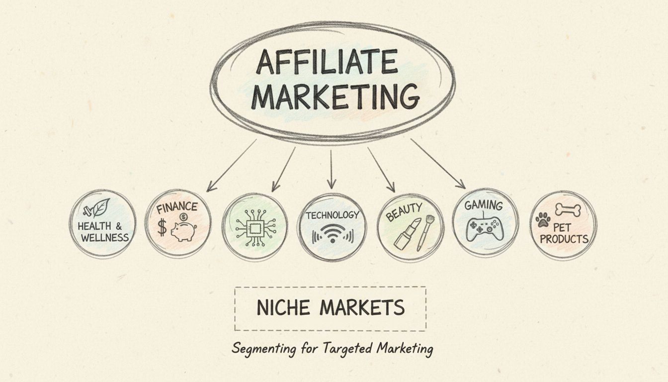 Diagramma di segmentazione delle nicchie nel marketing di affiliazione che mostra come un mercato ampio si suddivide in aree di nicchia come salute e benessere, finanza, tecnologia, bellezza, gaming e prodotti per animali