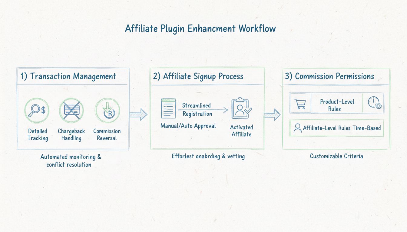 Diagramma del workflow di miglioramento dei plugin di affiliazione che mostra la gestione delle transazioni, il processo di registrazione degli affiliati e i permessi sulle commissioni con criteri personalizzabili