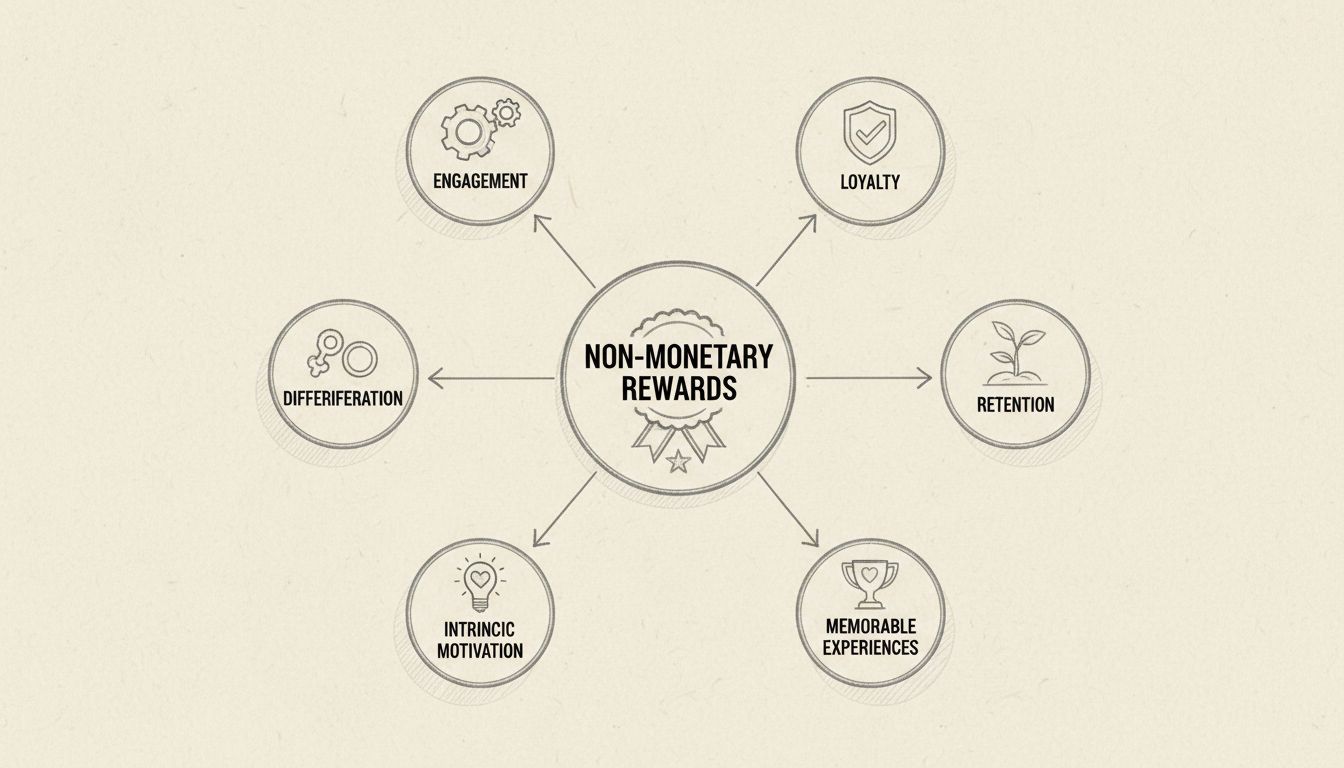 Diagramma disegnato a mano che mostra i benefici delle ricompense non monetarie tra cui fedeltà, coinvolgimento, fidelizzazione, differenziazione, esperienze memorabili e motivazione intrinseca