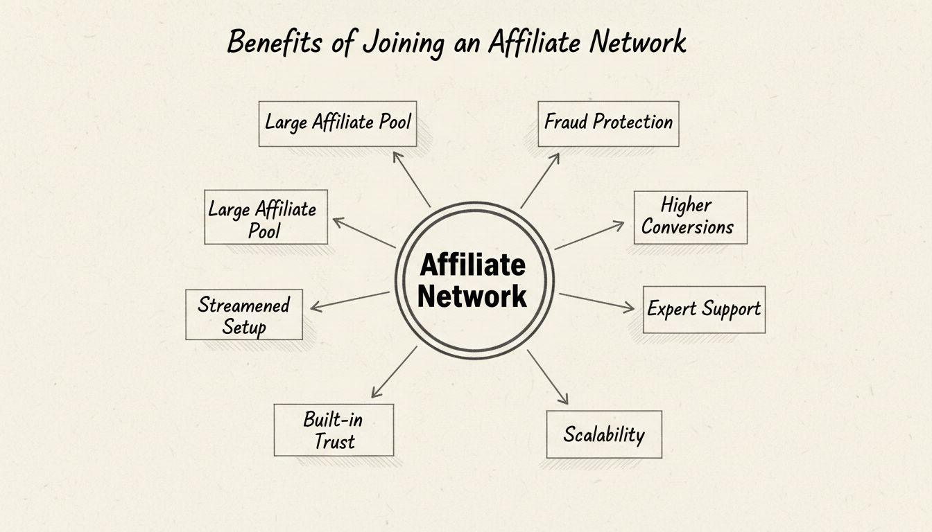 Diagramma disegnato a mano che mostra i vantaggi di unirsi a un network di affiliazione con hub centrale e benefici circostanti