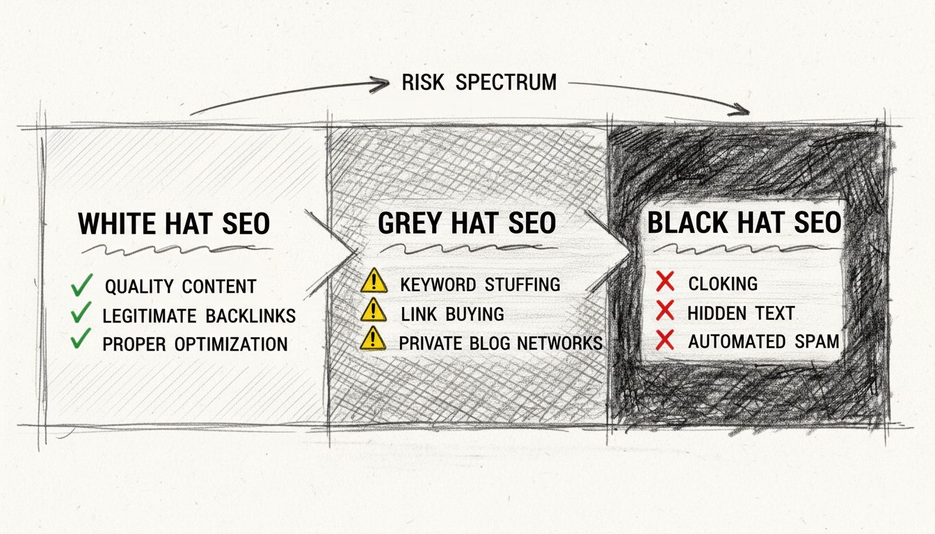 Spettro delle tecniche SEO che mostra approcci white hat, grey hat e black hat con indicatori visivi