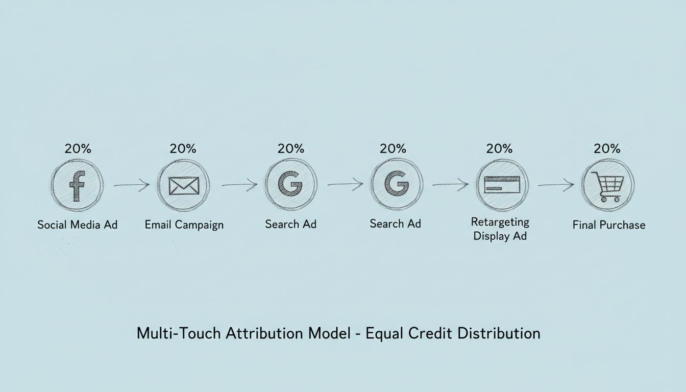 Diagramma del percorso cliente con attribuzione multi-touch che mostra la distribuzione uguale del merito tra cinque touchpoint di marketing