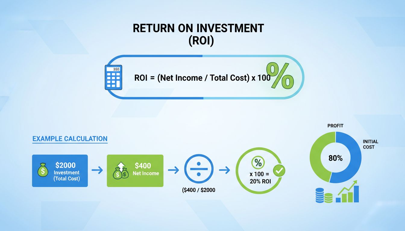 Infografica sulla formula di calcolo del ROI che mostra la formula ROI = (Reddito Netto / Costo Totale) x 100 con esempio di investimento da $2000 che genera ROI del 20%