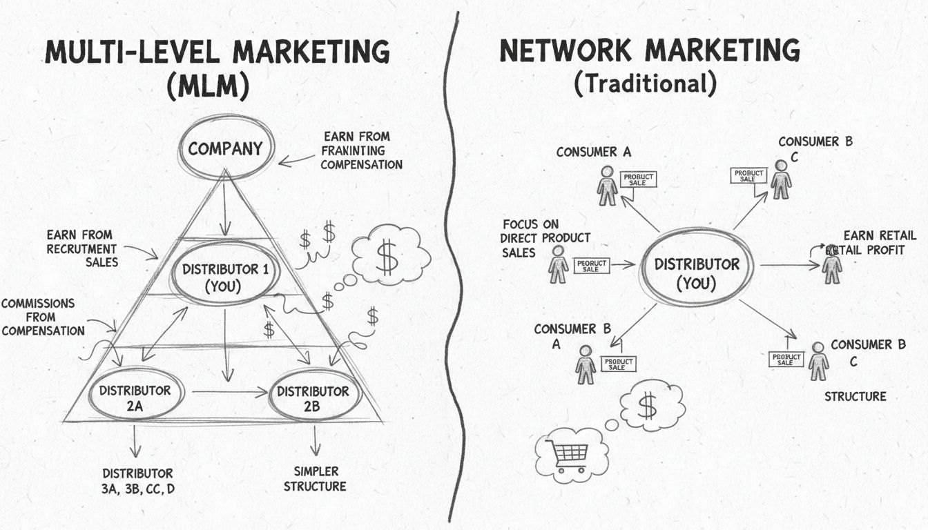 Diagramma disegnato a mano che confronta le strutture MLM e Network Marketing con flusso di commissioni e livelli di distributori