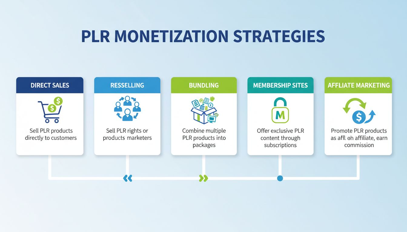 Infografica sulle strategie di monetizzazione PLR che mostra cinque fonti di reddito: vendita diretta, rivendita, bundle, siti in abbonamento e affiliate marketing