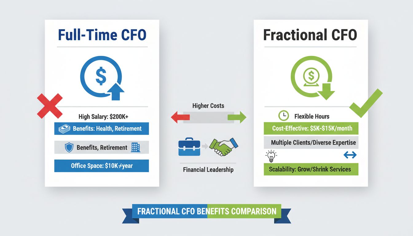 Infografica comparativa dei costi tra CFO frazionario e CFO a tempo pieno che mostra differenze di stipendio, benefit e flessibilità