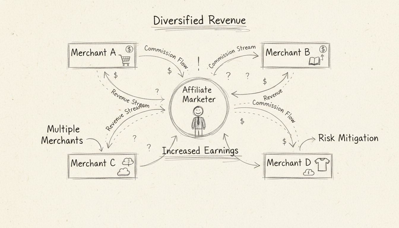 Diagramma realizzato a mano che mostra un affiliato collegato a più merchant con flussi di ricavi diversificati e commissioni